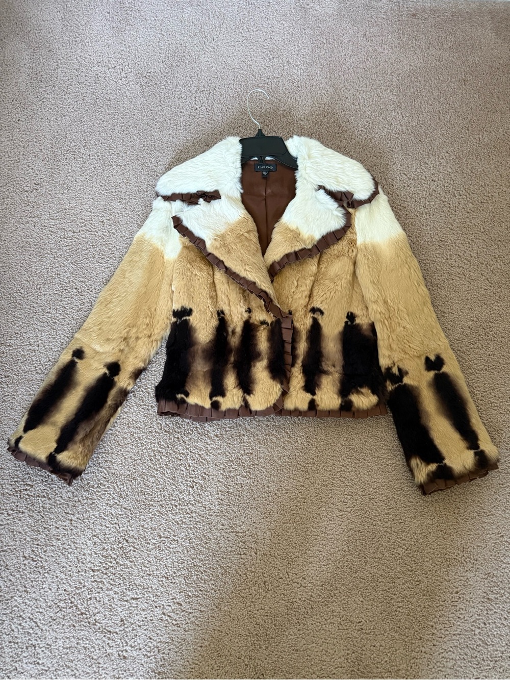 bebe Multi-Color Rabbit Fur Cropped Teddy Jacket - Cream, Tan, Brown